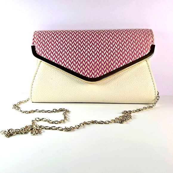 Charming Charlie Pink and Cream Woven Flap Faux Leather Envelope Purse Handbag - Picture 1 of 11